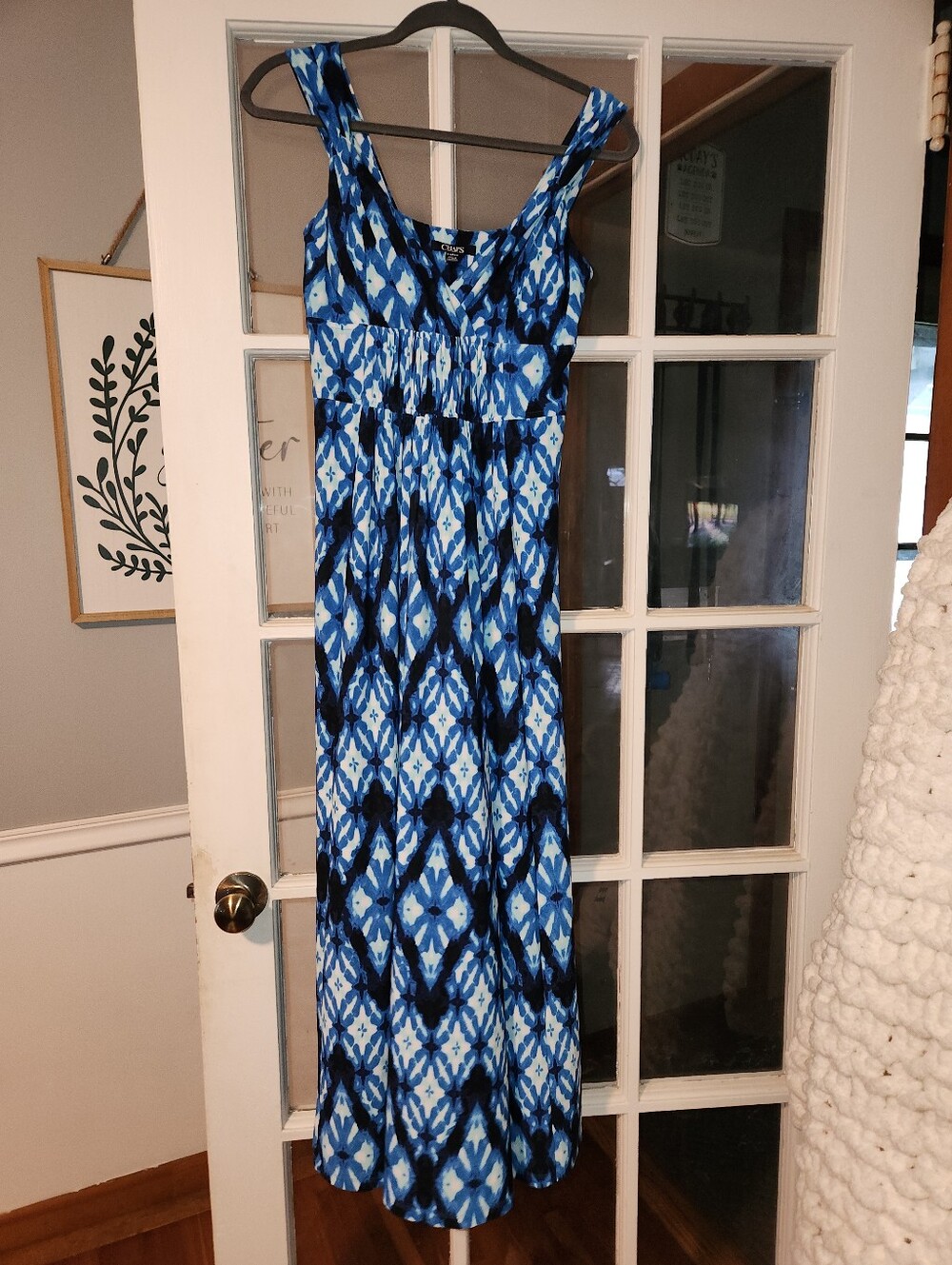 Chaps Women’s Small Blue Ikat Maxi Dress Empire Waist Sleeveless V Neck